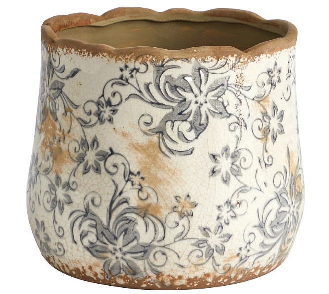 7" Tuscan Style Ceramic Planter Gray Scroll Pattern Indoor Decor