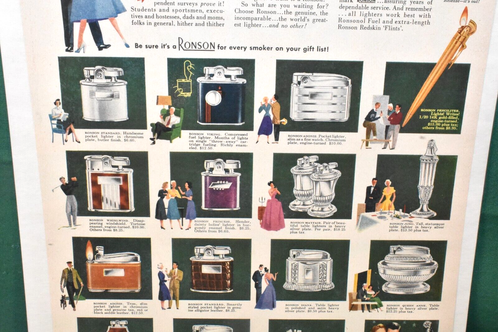 Ronson Lighter Advertisement from the 1950's featuring All Lighters w/ Pricing