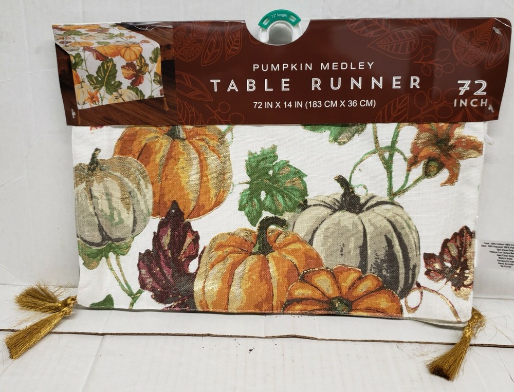 Extra Long Cotton Table Runner (14" x 72") FALL HARVEST, PUMPKINS MEDLEY, LP