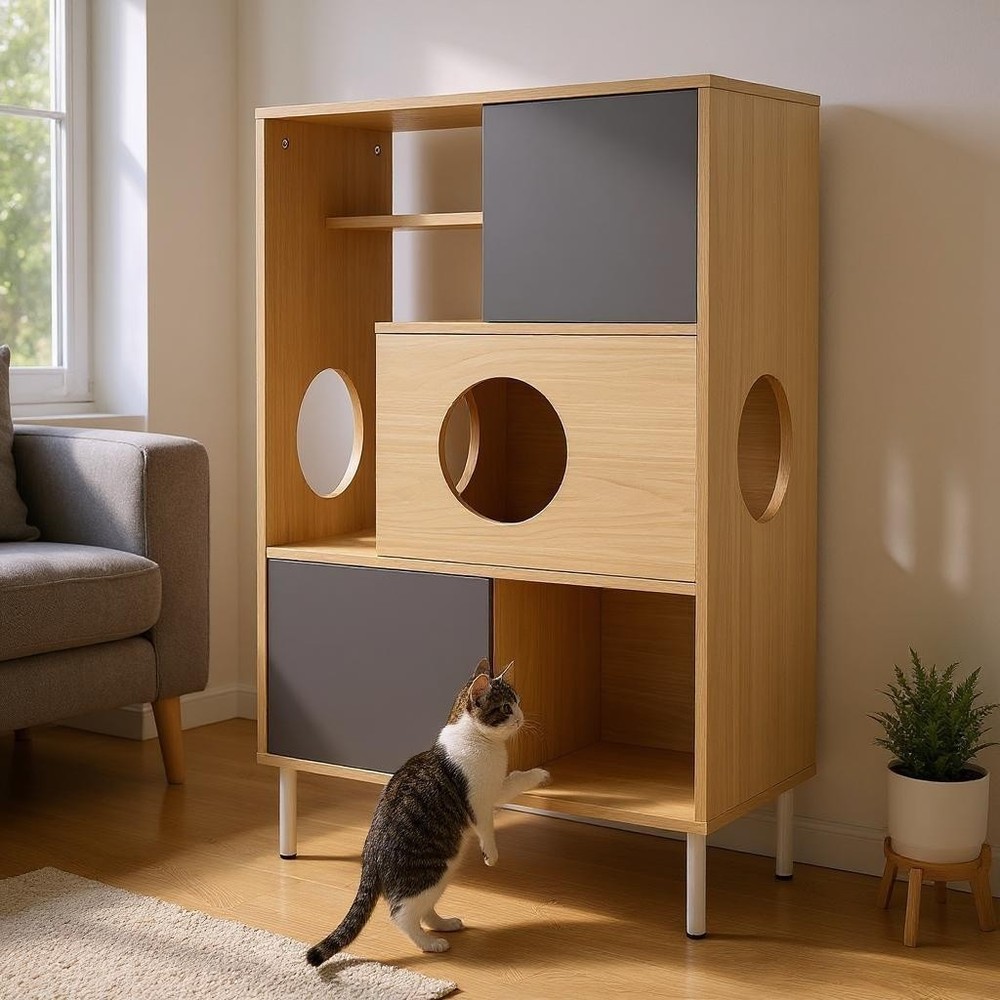 Modern Cat Tree & Side Cabinet with Litter Box & Hidden Storage