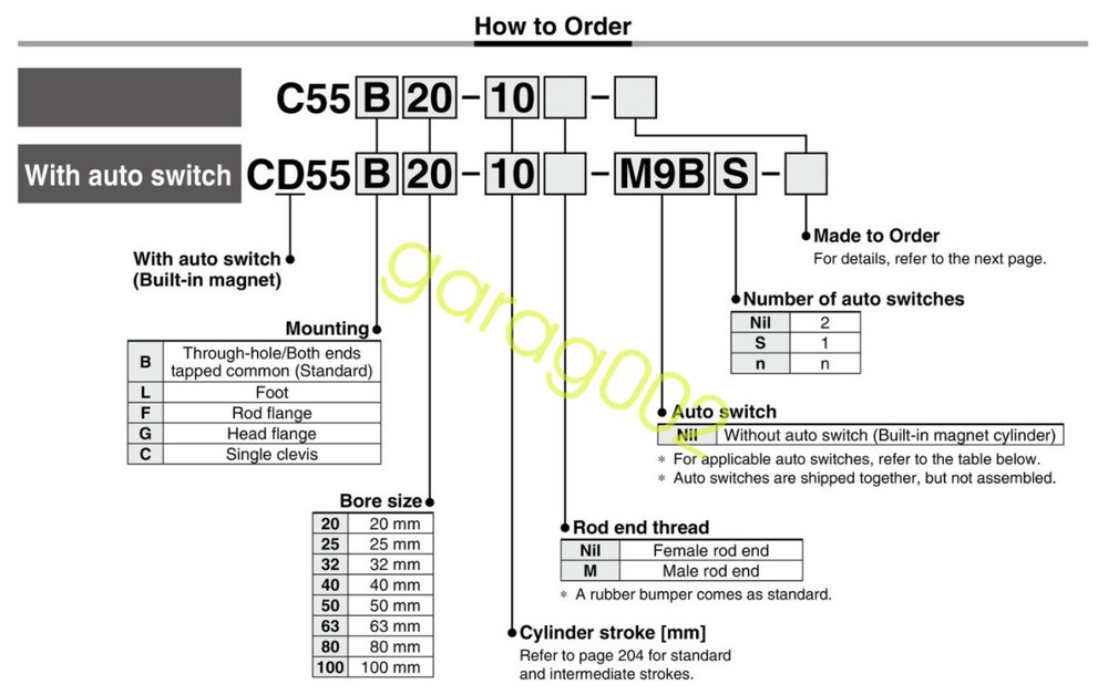 SMC CD55B32-20 Standard Compact Cylinder with Auto Switch Double Acting