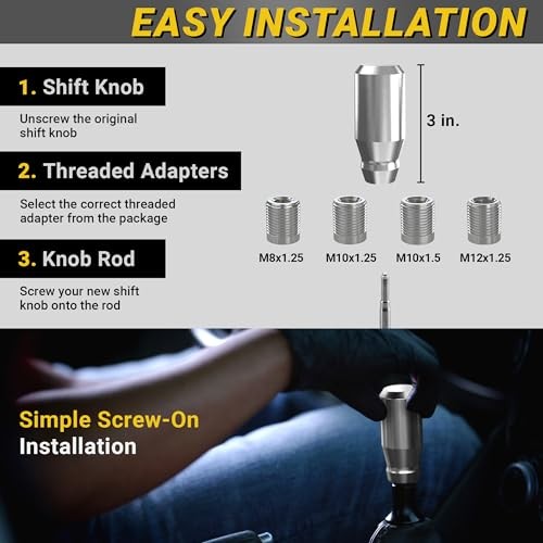 Premium Brushed Shift Knob - 4 Metal Threaded Adapters, 4 5 6 Speed Silver