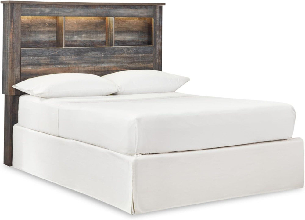 Drystan Rustic Lighted Bookcase Headboard, Full Size, Weathered Brown