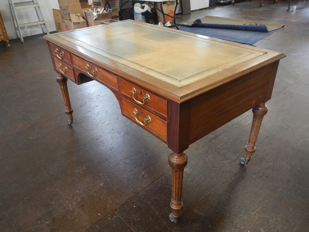 Antique Five-Drawer Gilt Embossed Leather Top Writing Desk