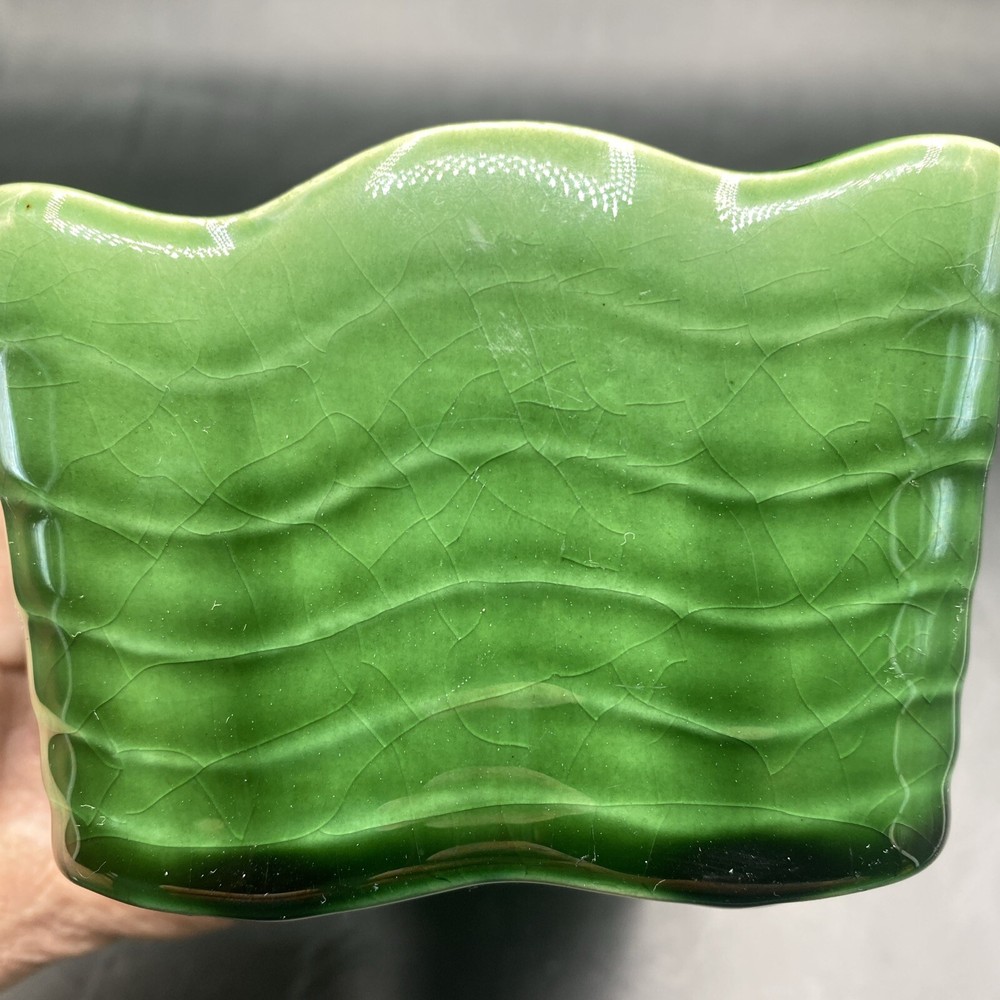 McCoy USA Green Ruffled Edge Striped Rectangular Pottery Planter Vase