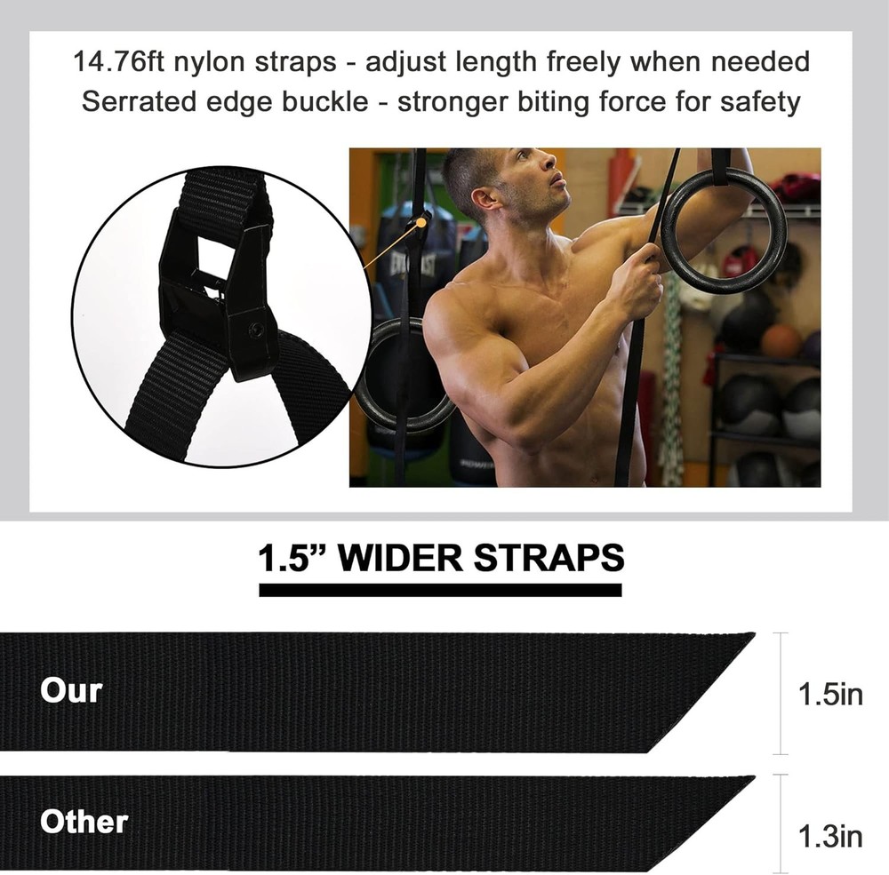 Gymnastic Rings 1100lbs Capacity with 14.76ft Adjustable Buckle Straps Pull Up E