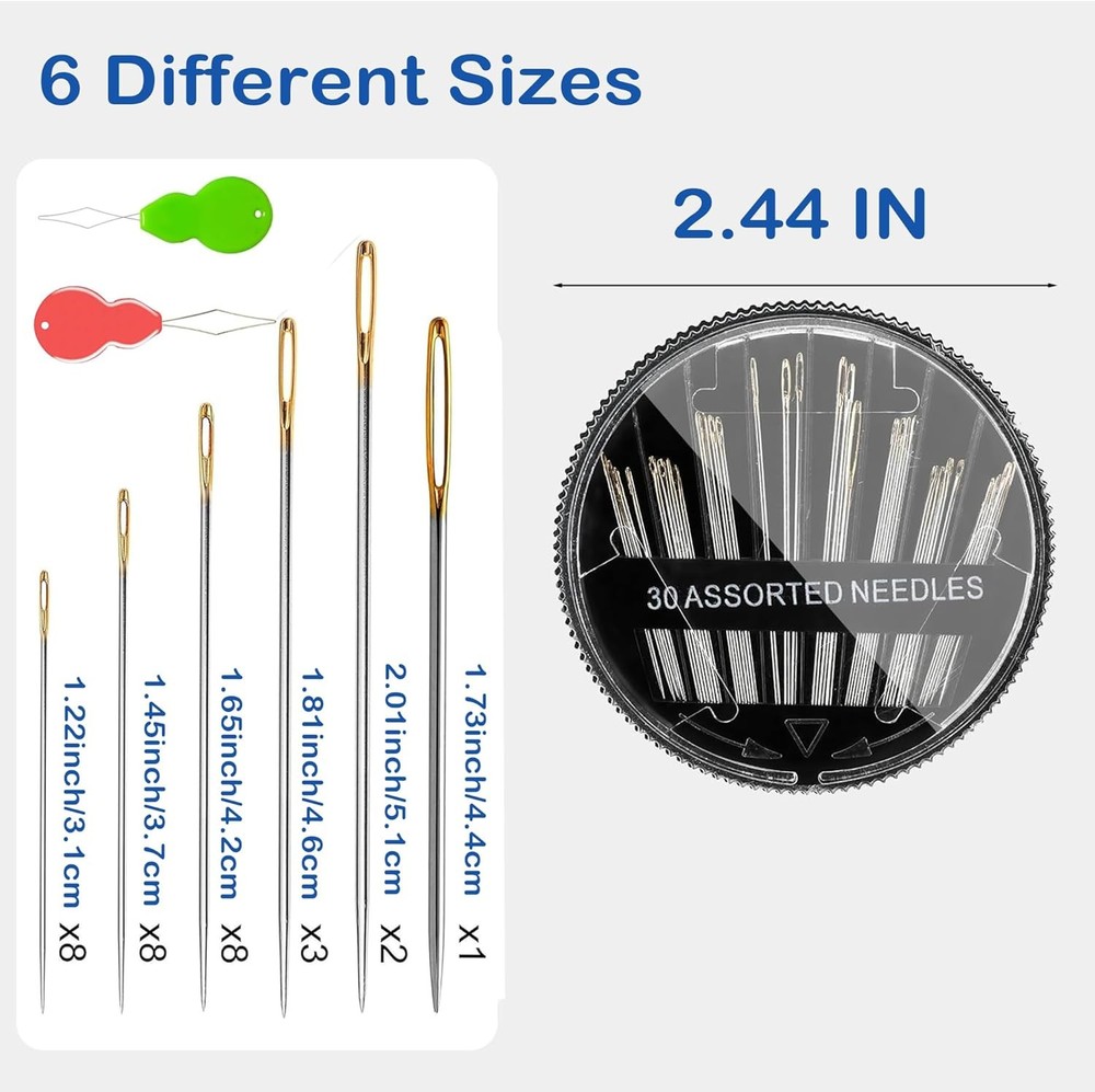 30-Pack Premium Hand Sewing Needles, 6 Sizes Assorted Needles with 2 Threaders,