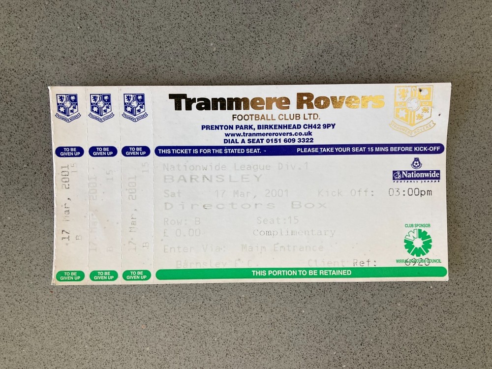 Tranmere Rovers v Barnsley 2000-01 Match Ticket