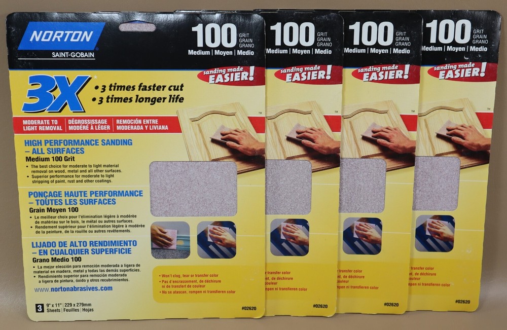Norton 100 grit sandpaper.  #02620.  12 sheets