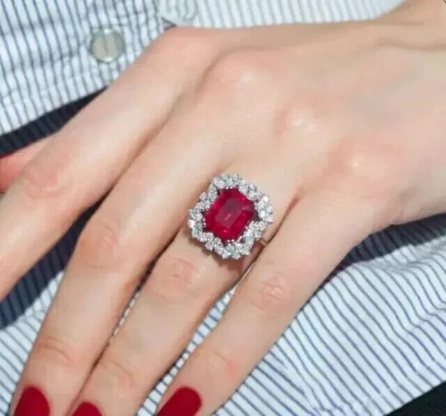 5.85Ct Art Deco Style Lab Created Ruby Anniversary 14K White Gold Finish Ring
