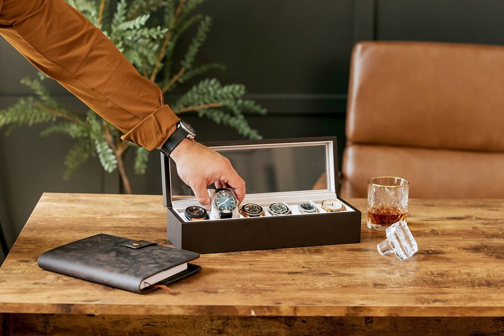 Solid Espresso Wood Watch Box Organizer with Glass Display Top