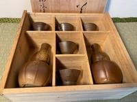 Bizen ware sake set, 2 sake bottles, 5 choko cups, same box
