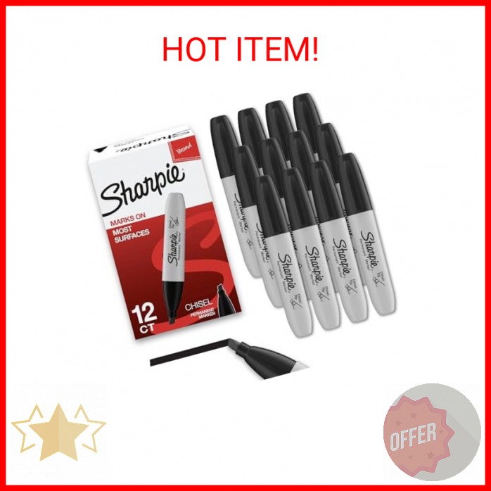 Sharpie Permanent Markers, Chisel Tip, Black, 12 Count - Home, School, Office Su