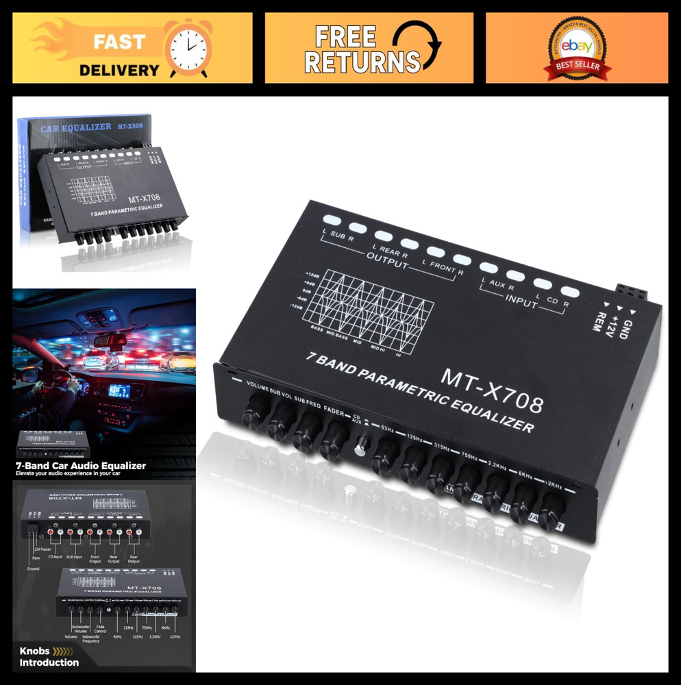 7-Band Car Audio Equalizer with Adjustable Settings, Front/Rear/Sub Outputs, 7.3
