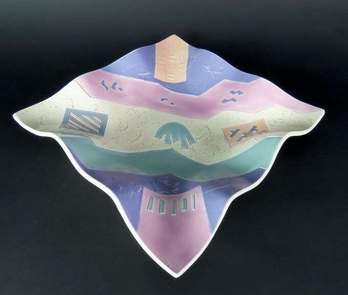 Signed Pottery Ruffled Edge Centerpiece Bowl