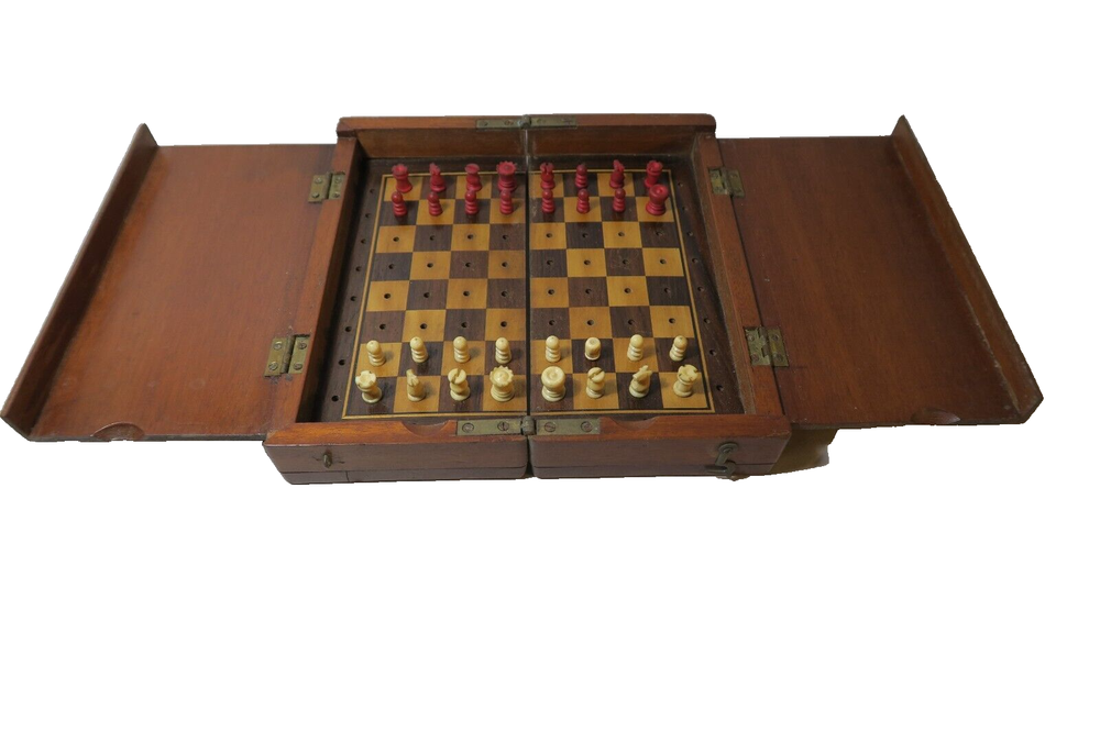 ANTIQUE WHITTINGTON PATTERN 8" TRAVELING CHESS SET