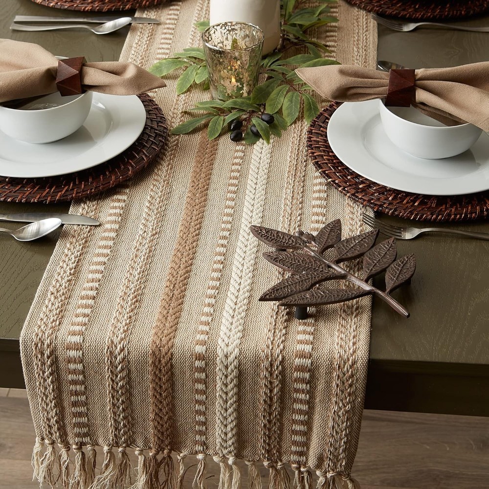 Farmhouse Braided Stripe Table Runner Collection, 15x72 15x77, Fringe Include...