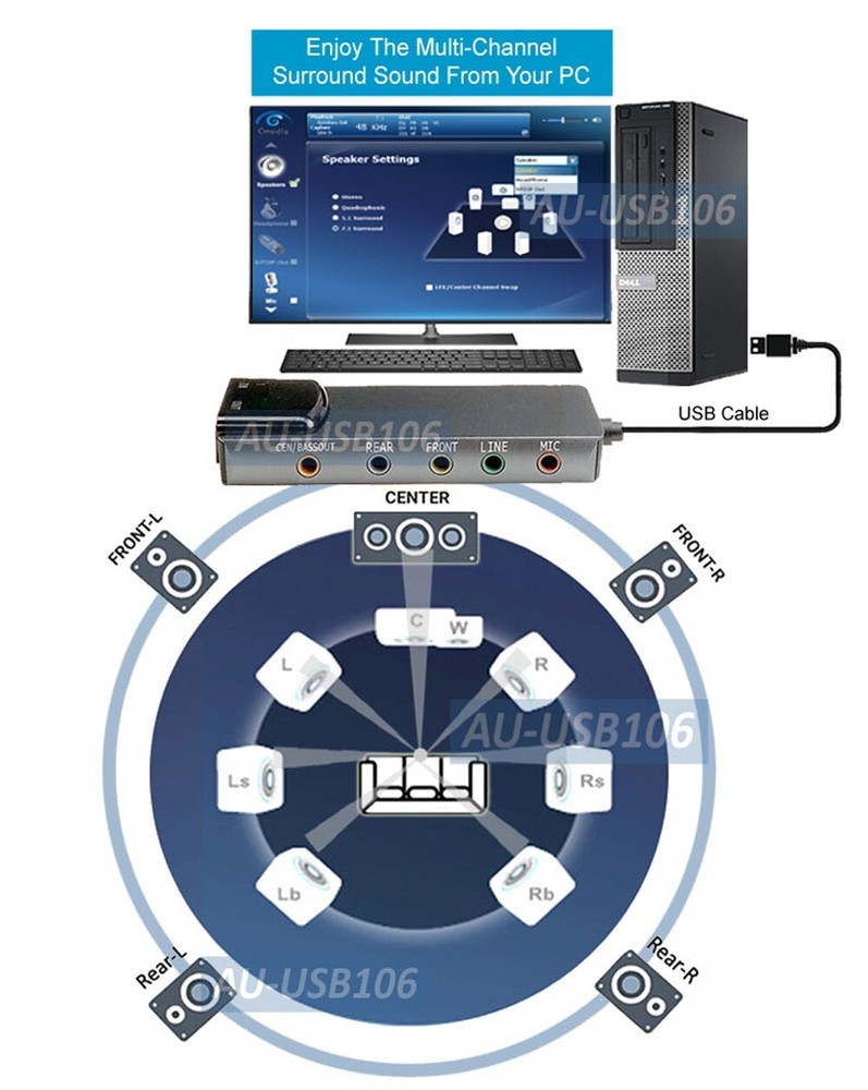 USB 6-Channel Surround Sound Card Adapter With Optical Audio Input Output