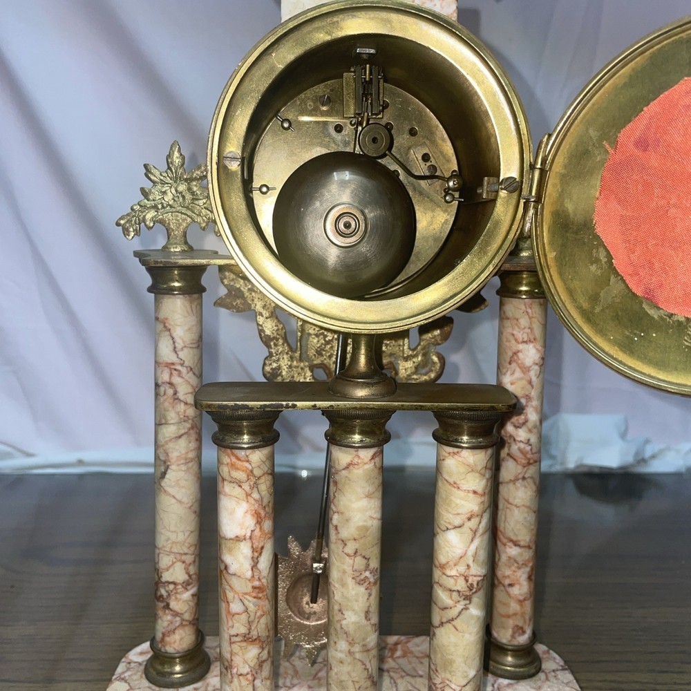 French Marble and Ormulo 5 Column Portico Clock Selsi Paris Three Piece Set