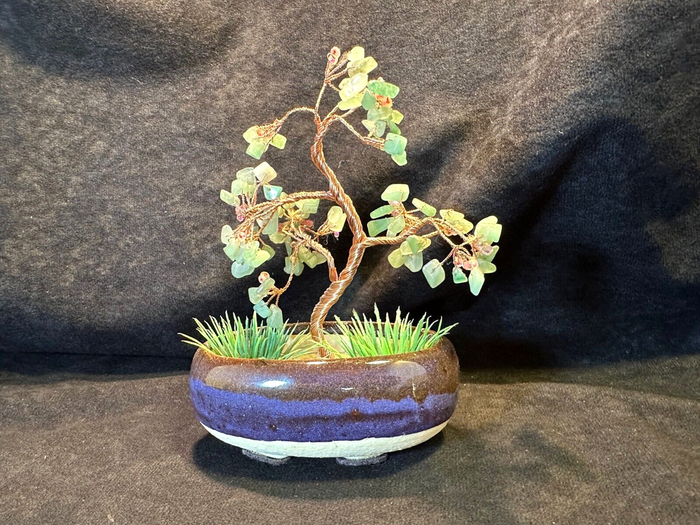 Jade Stone and Twisted Copper Wire Bonsai Tree