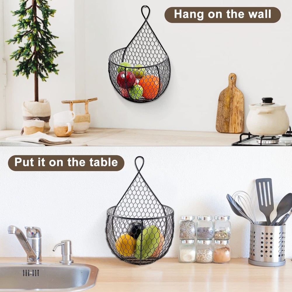 Metal Fruit And Vegetable Storage Hanging Basket Wall Mounted, For Kitchen Bl...