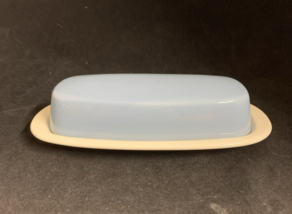 Vintage MCM Orbit Covered Butter Dish White & Blue