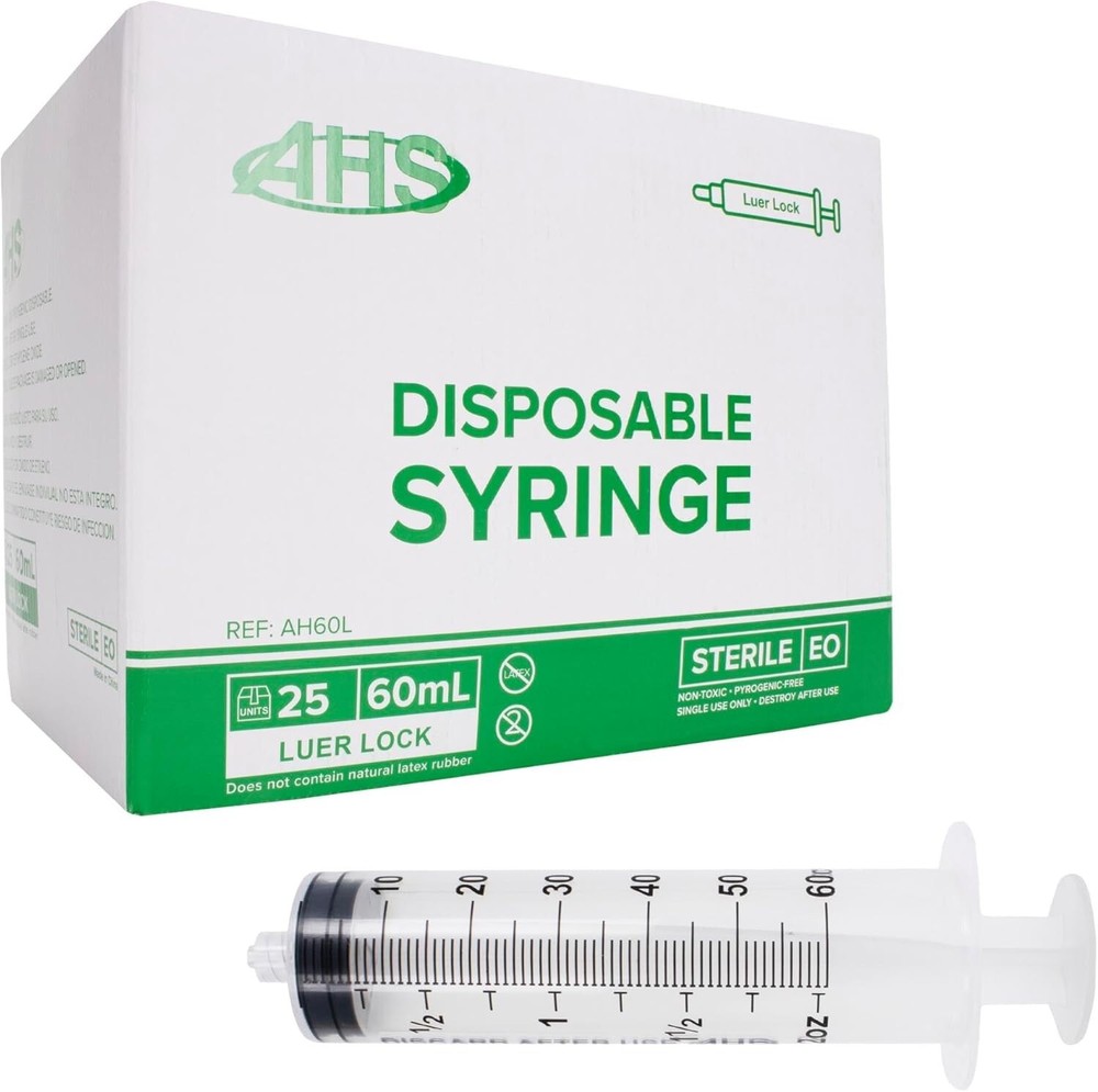 AHS 60ml (60cc ) Luer Lock Syringe, Sterile, 25/Box