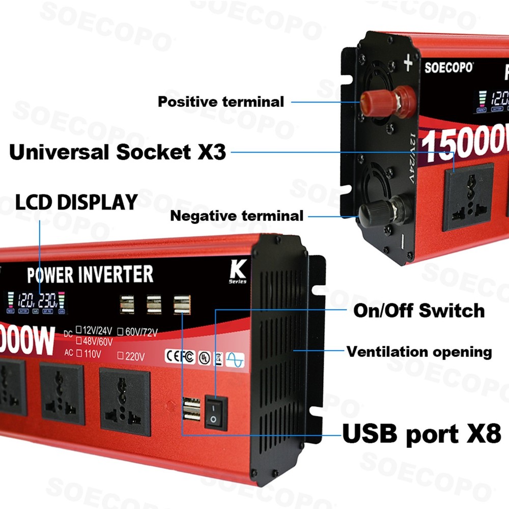 Pure Sine Wave Solar Converter 15000W Car Power Inverter DC 12-72V To AC 110VfC