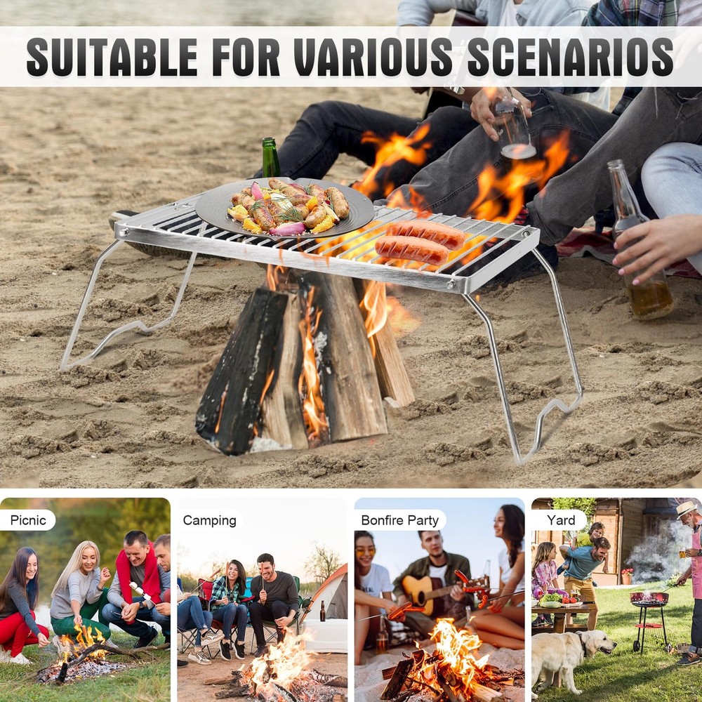13 Inch Medium Folding Campfire Grill 304 Stainless Steel Firepit Grate