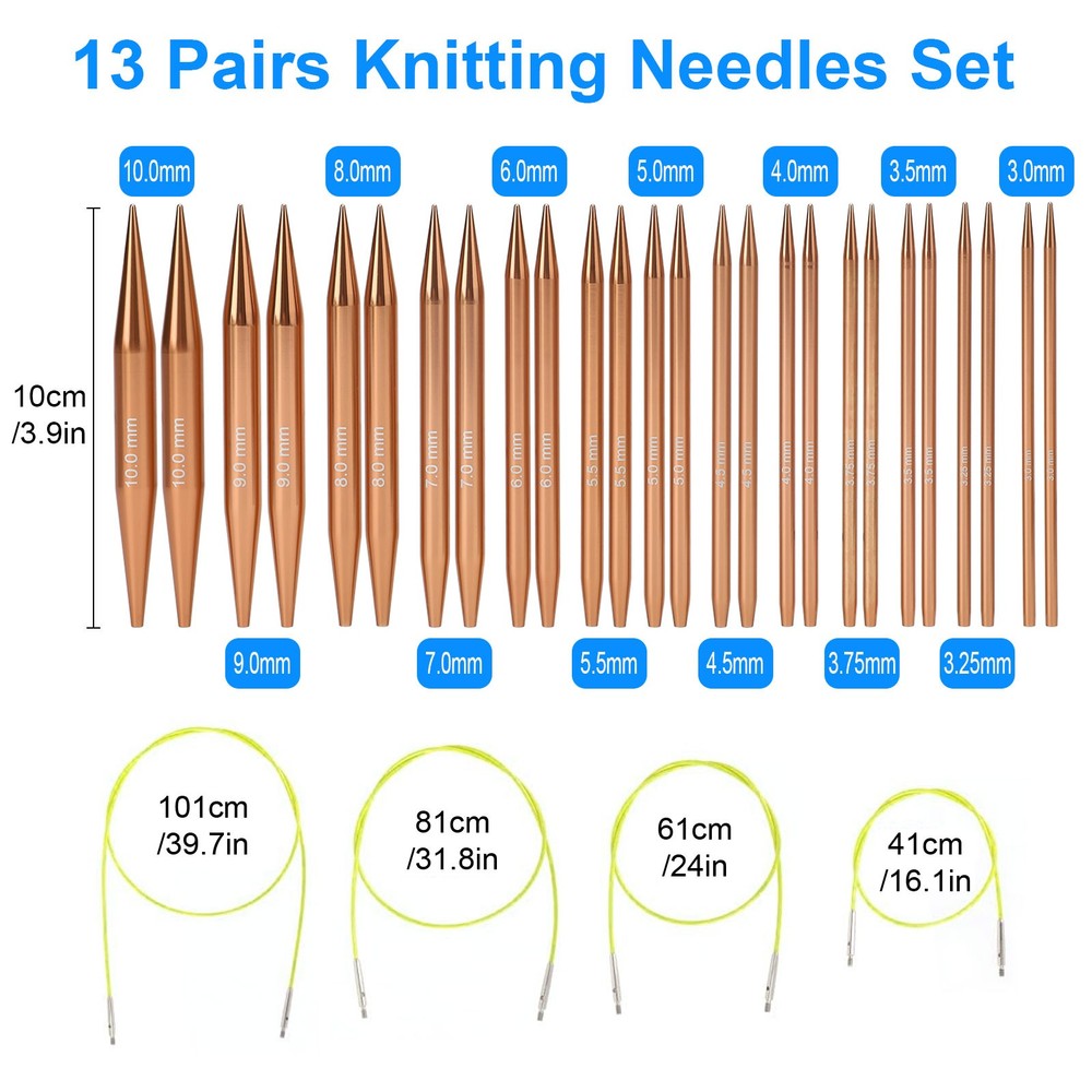 13-Pair Circular Knitting Needle Set with 4 Interchangeable Cables for DIY Craft