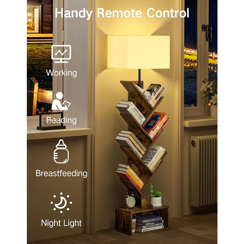 6 Tier Tree Bookshelf Light Remote Timer Modern Tall Floor Standing Book Shelf
