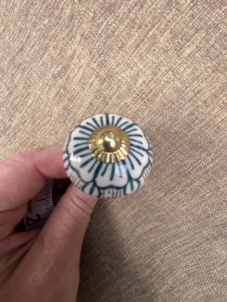Ceramic Floral Drawer Pulls 3 Navy White Brass 2 Inches
