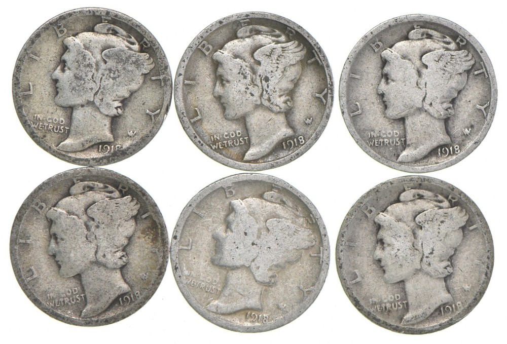 G+ 1918 Mercury 90% Silver Dime