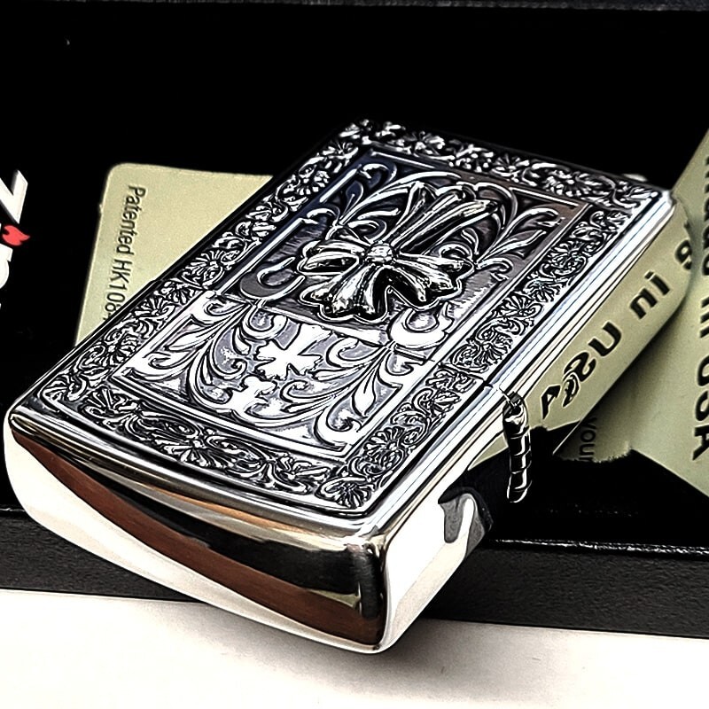 Zippo Solid Frame Metal Cross Arabesque Silver One Sided Processing Lighter