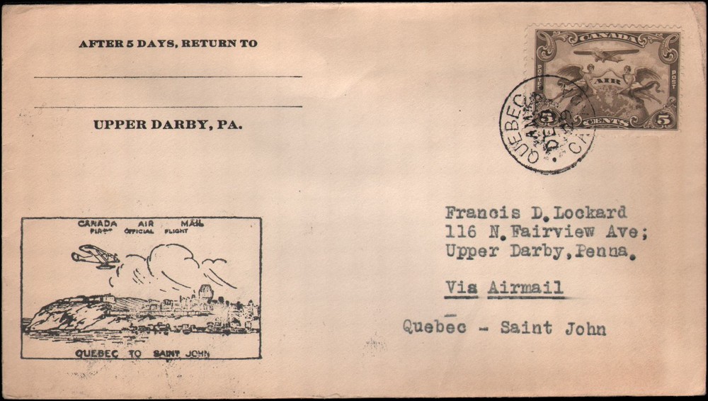 Canada #C1 first flight, Quebec to St. John, 1929