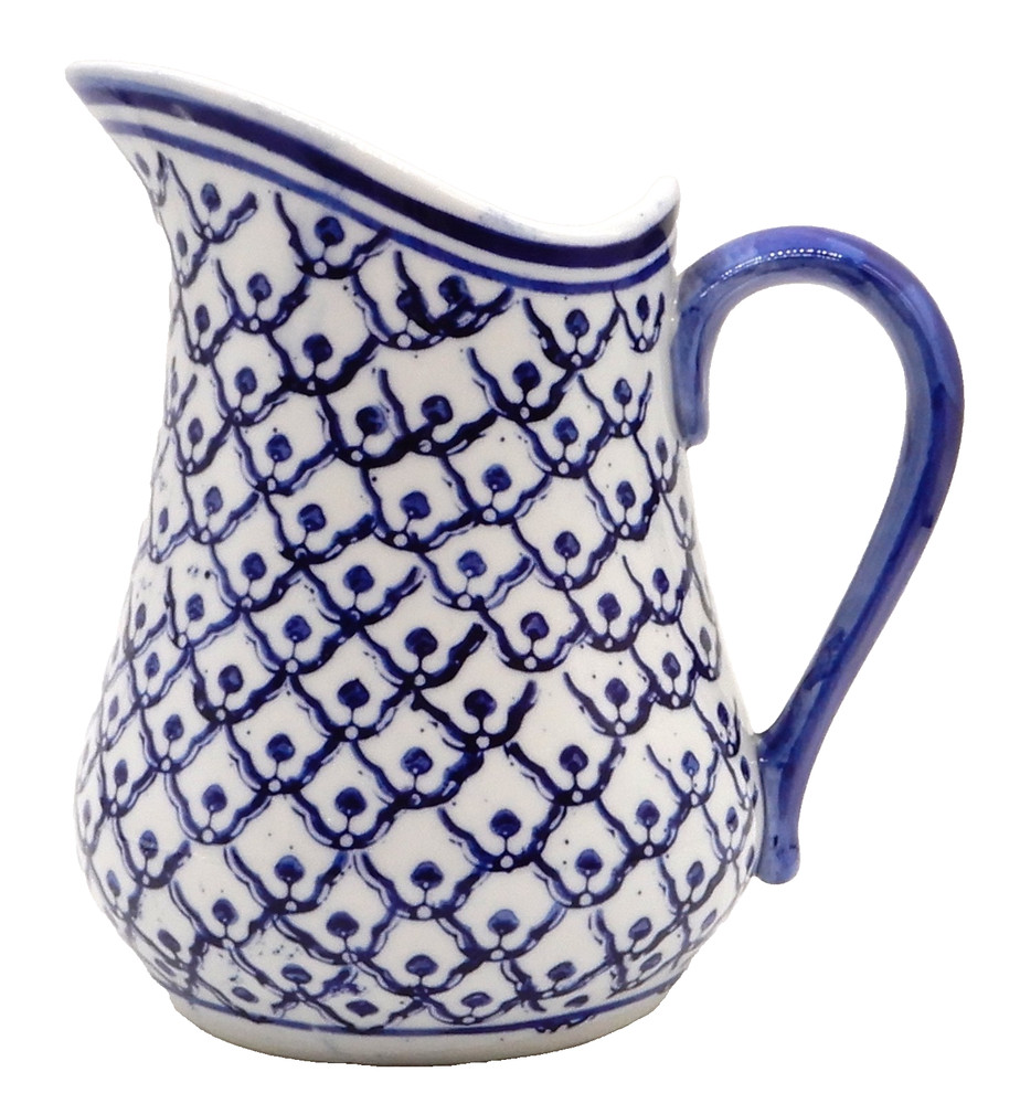 Blue & White Fishnet Pattern Ceramic 32 oz. Pitcher 6.75” Tall