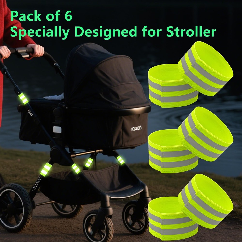 6-Pack Reflective Bands for Strollers, High Visibility Reflector Green