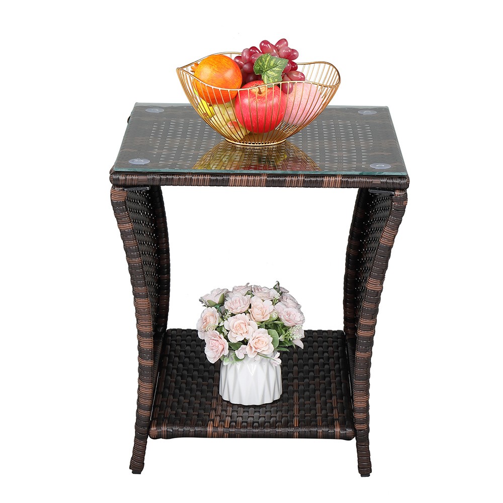 Glass Surface Brown Gradient Iron Frame Rattan Side Table,free ship