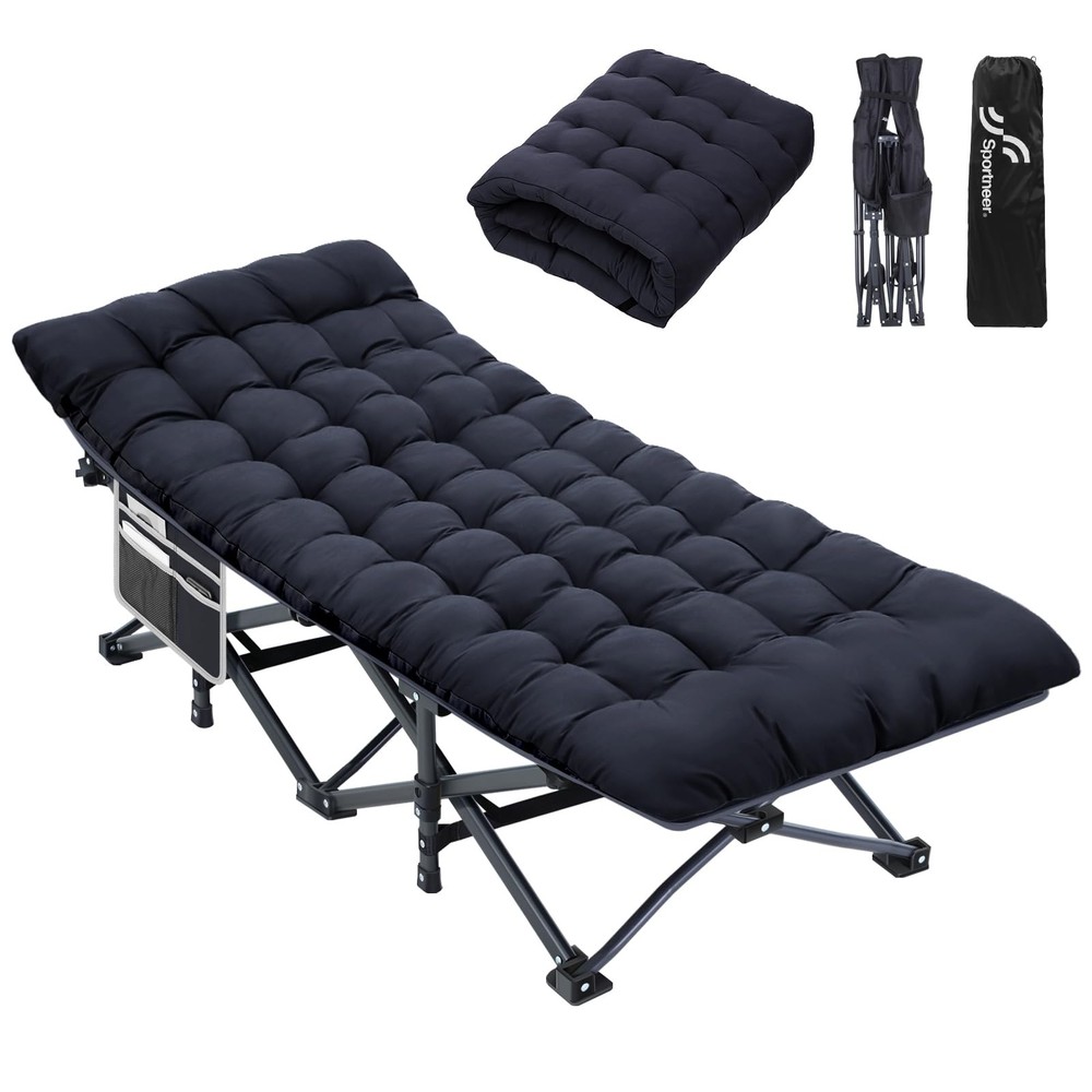 Heavy-Duty Double Layer Camping Cot for Adults with Side Pockets - Outdoor Use