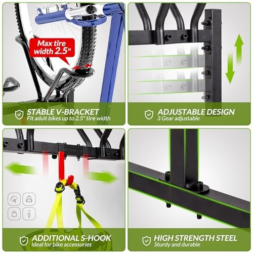 Floor Stand,Adjustable Bicycle Parking Rack with Hook for 2 Bikes