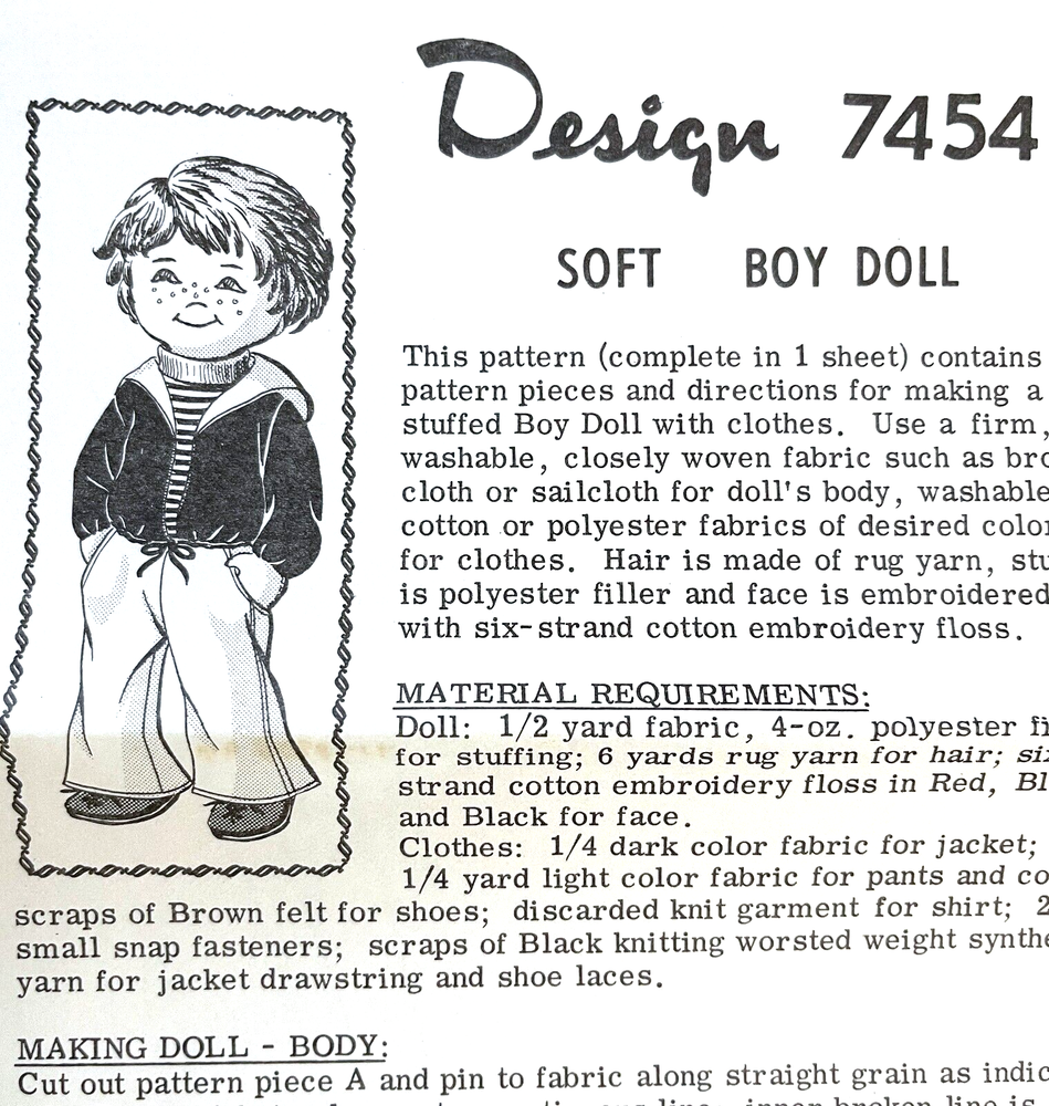 1950's Mail Order Stuffed Boy Doll and Clothes Pattern 7454 Size 15" UNCUT