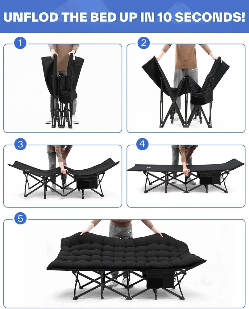 Heavy-Duty Double Layer Camping Cot for Adults with Side Pockets - Outdoor Use