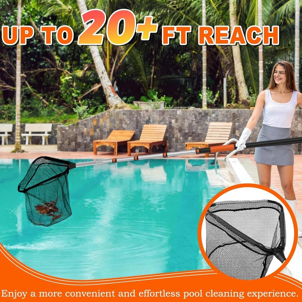 20FT Pool Skimmer Net with Telescopic Pole - Foldable & Heavy Duty Fine Mesh ...