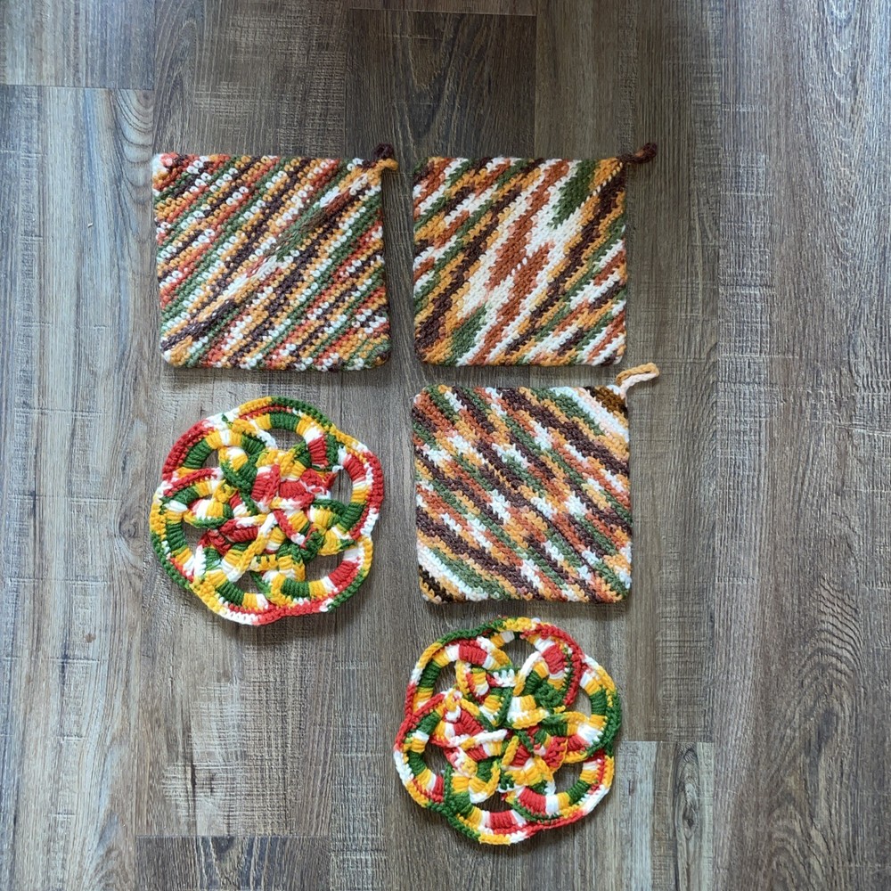 3 Handmade Crocheted Pot Holders + 2 Hot Pads Multicolor