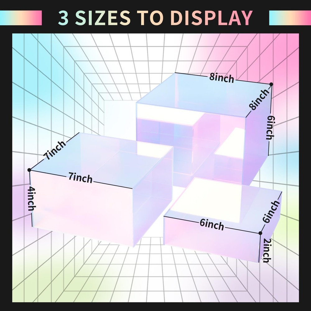 3Pcs Iridescent Risers Display Stands, Stackable Acrylic Cubes Display Box, N...