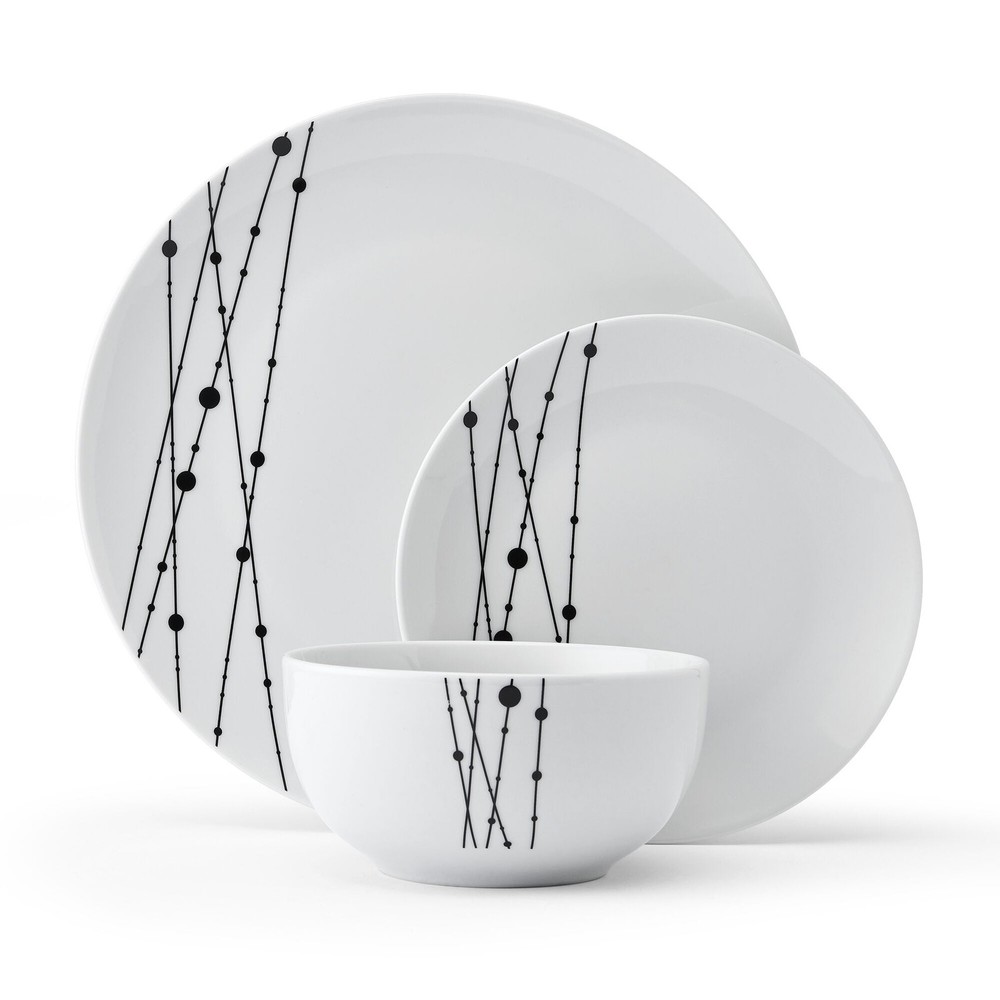 Linear Symphony White Dinnerware Set 12 Piece Porcelain Kitchen Set