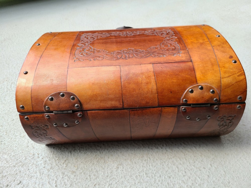 Gorgeous Leather Trunk with Rounded Hand-Tooled Cover