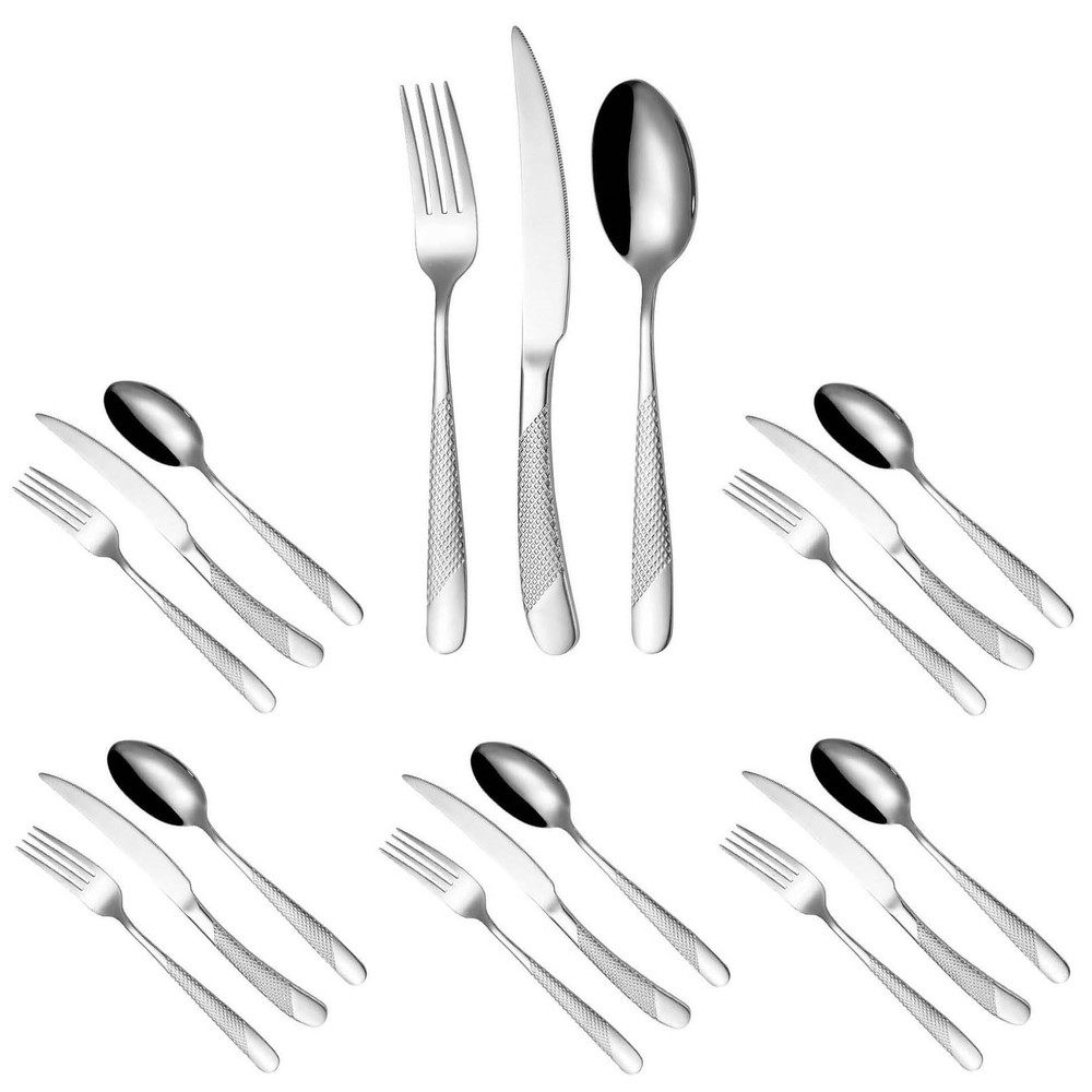 Silver Hammered Silverware Set for 6 Rustproof Stainless Steel Flatware Cutle...
