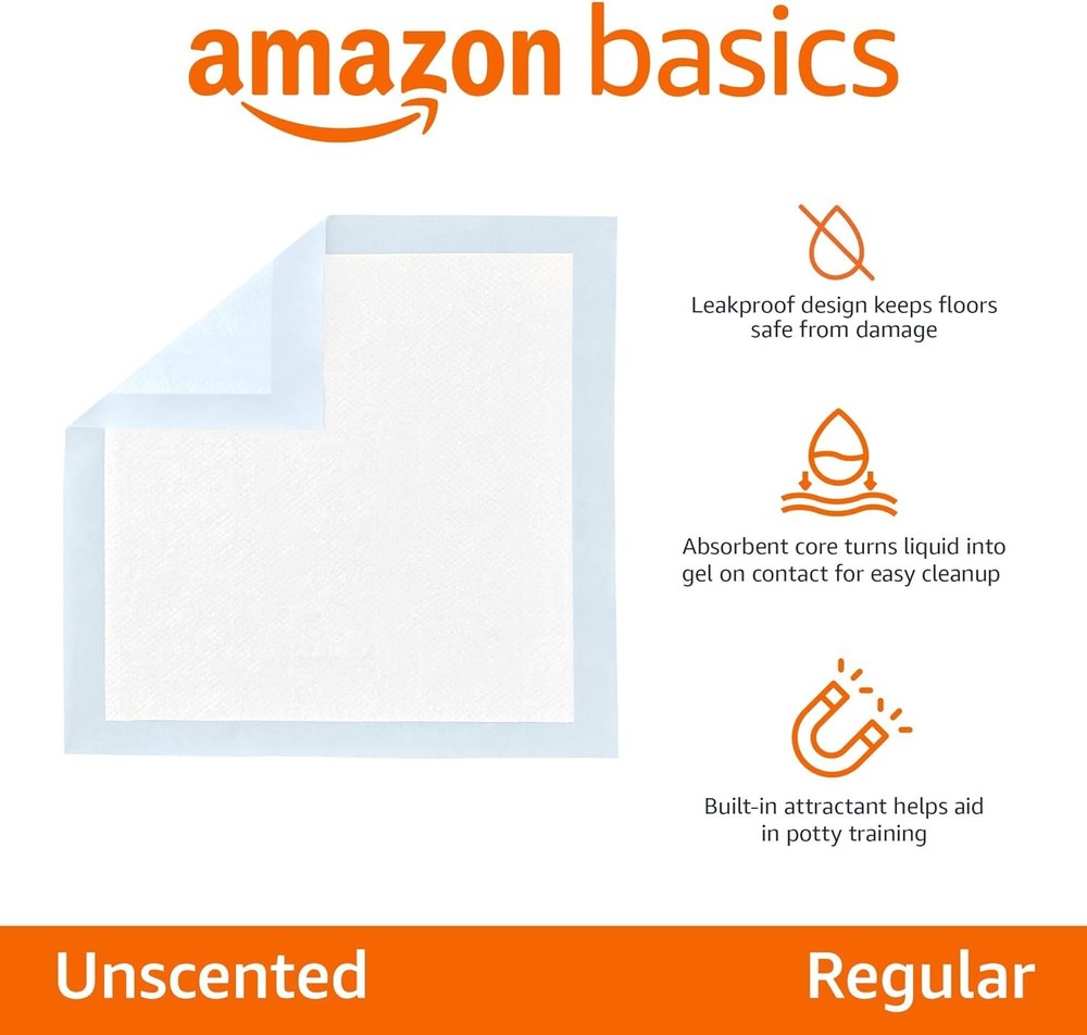 Amazon Basics Dog and Puppy Pee Pads, Regular (100 Count), Blue & White