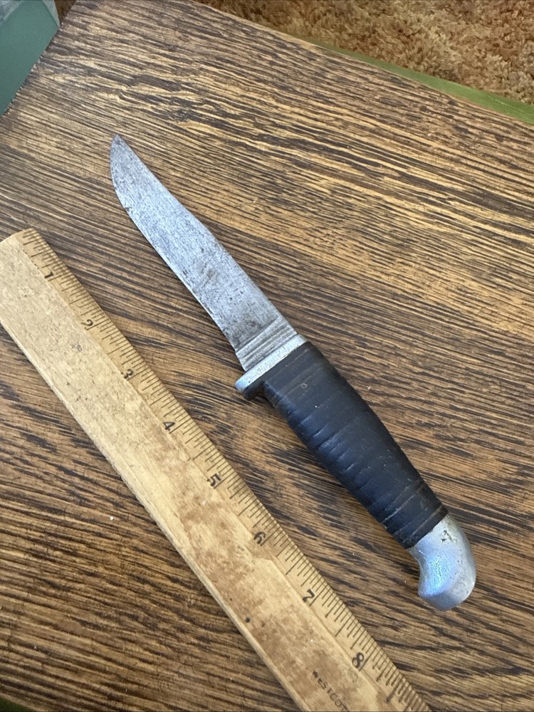 Vtg KINFOLKS Leather Washer Handle Fixed Blade Knife WW2 Used